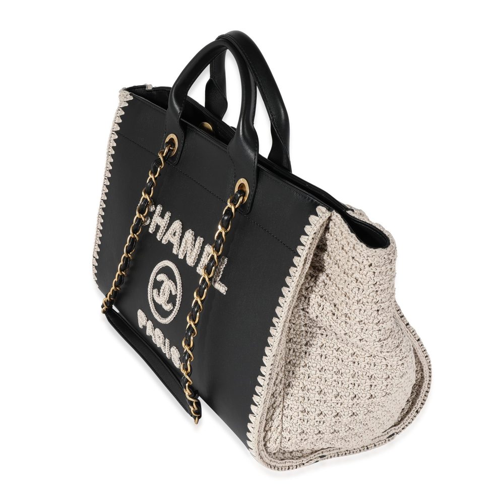 Chanel Black Leather & Beige Crochet Large Deauville Tote - Picture 2 of 5